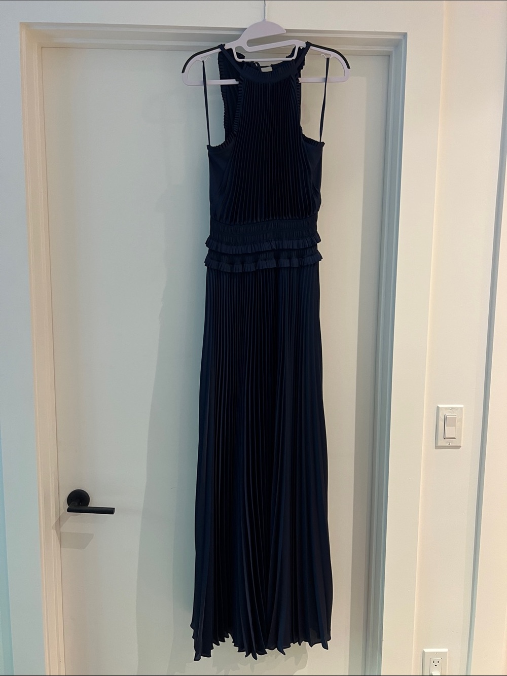 BCBGMaxAzria Navy Pleated Ruffled Maxi Dress